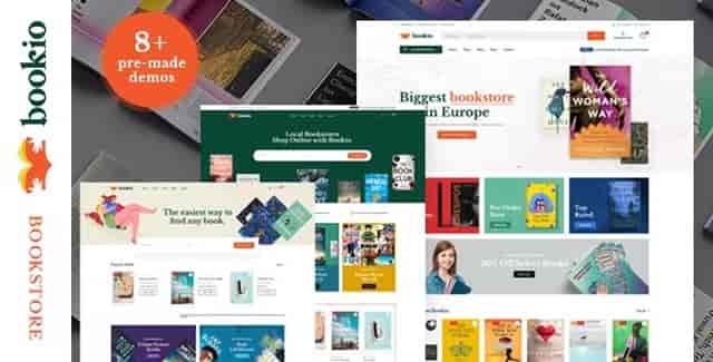 Bookio WooCommerce book store theme interface on desktop and mobile