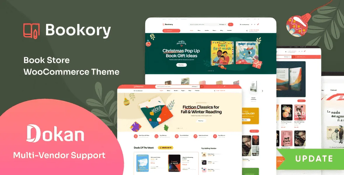 Bookory WordPress theme demo showing a clean online bookstore homepage with featured books, categories, and author sections