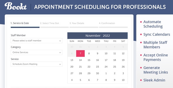 Bookt WordPress appointment booking plugin dashboard showing calendar, Zoom integration, and payment settings