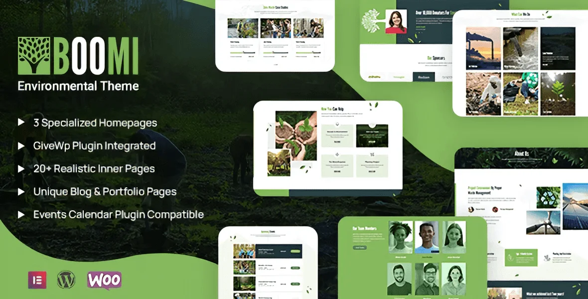 Boomi WordPress theme homepage showing environmental nonprofit layout with donation campaigns and events calendar