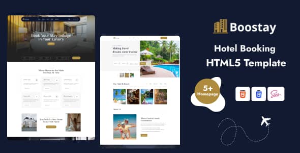 Boostay hotel booking HTML5 template showcasing responsive design on desktop and mobile devices