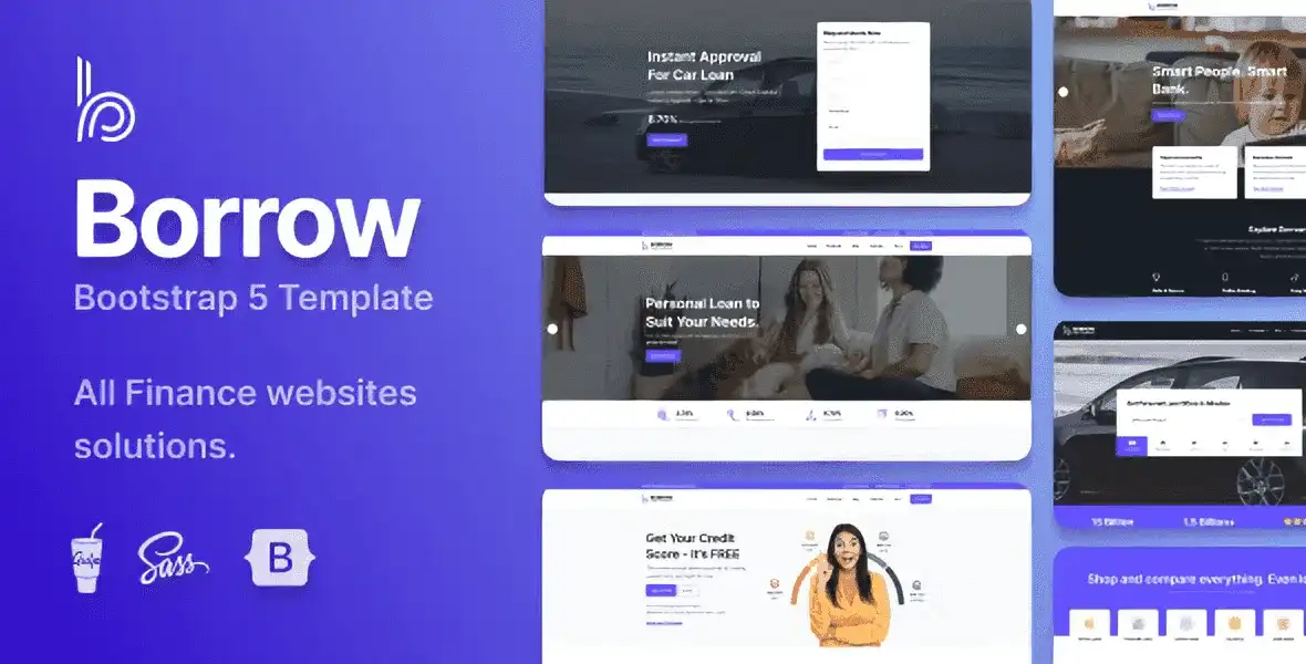 Borrow fintech and loan company website template preview showcasing a modern financial services design layout