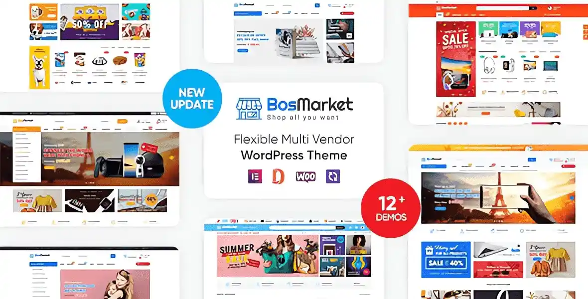 BosMarket multivendor WooCommerce WordPress theme dashboard and marketplace layout preview