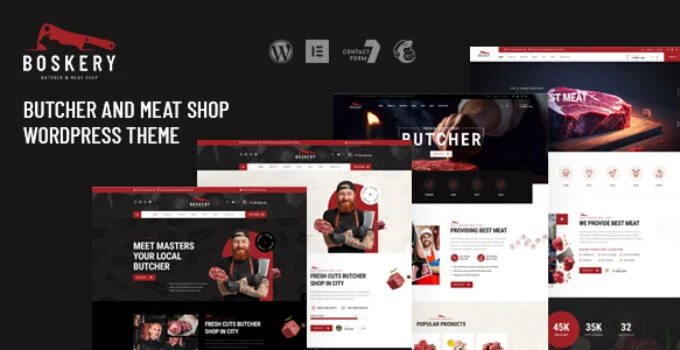 Boskery butcher shop WordPress theme homepage showcasing rustic-modern meat store design with Elementor and WooCommerce integration