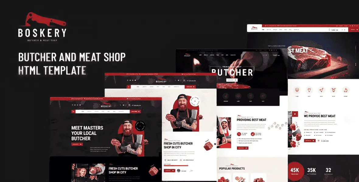 Boskery butcher shop HTML template preview for meat market websites