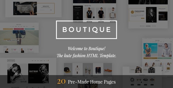 Boutique fashion HTML template homepage showing responsive flat design with mega menu, product carousel, and full-width banner