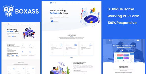 Boxass startup landing page template with multiple homepage variations and responsive design