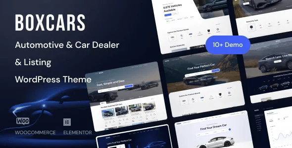 Boxcar car dealer WordPress theme dashboard showcasing vehicle listing layouts