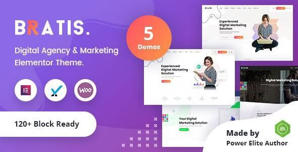 Bratis digital marketing WordPress theme preview with RTL support and Elementor PRO demo