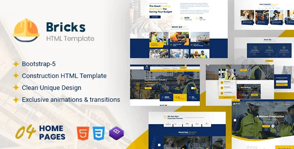 Bricks construction HTML template homepage preview with responsive design
