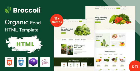 Broccoli organic food HTML5 template showing responsive website layout for organic food businesses