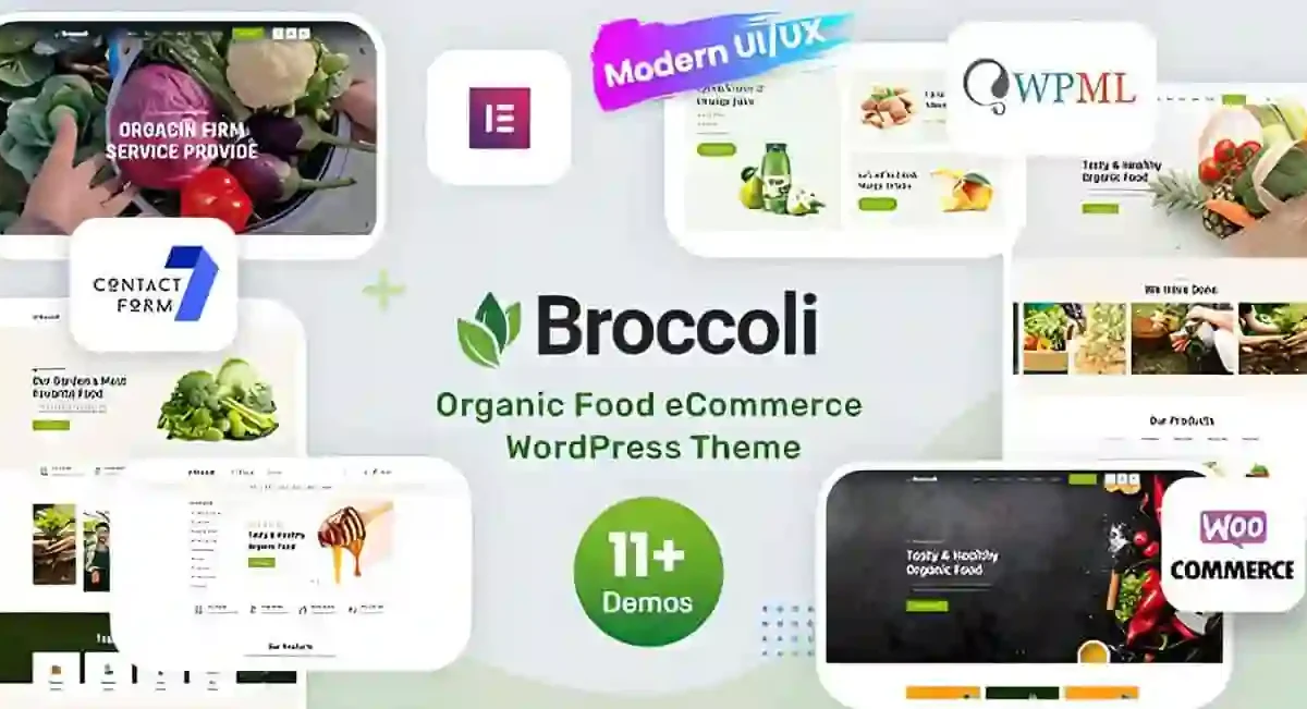 Broccoli Elementor WooCommerce theme preview showing organic shop layout