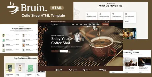 Bruin coffee shop HTML template with modern design for cafes and bars