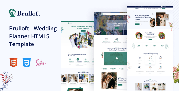 Brulloft wedding planner HTML5 template preview with responsive layout, portfolio showcase, and RSVP sections
