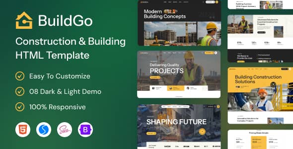 BuildGo construction HTML template homepage preview showing responsive Bootstrap 5 design