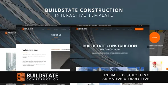 Buildstate construction interactive HTML template with modern design and animations