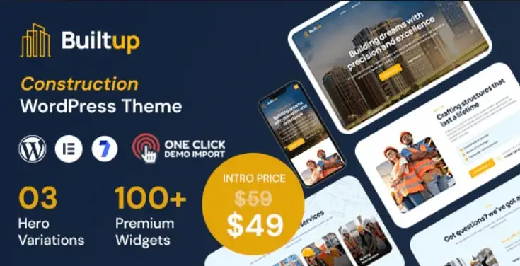 Builtup construction WordPress theme homepage preview showing professional contractor website design with project gallery and service sections