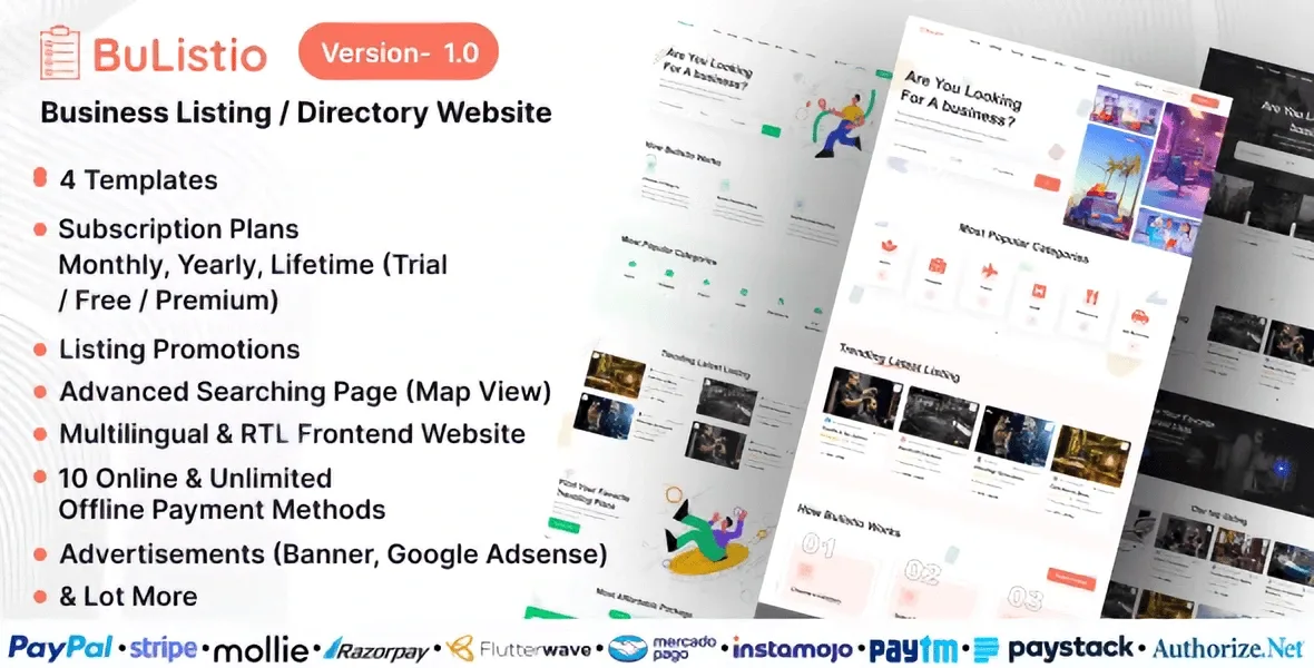 Bulistio business directory PHP script with subscription management and payment gateway options