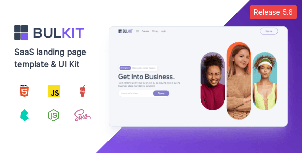 Bulkit SaaS HTML template dashboard showing multiple landing page demos with Bulma components