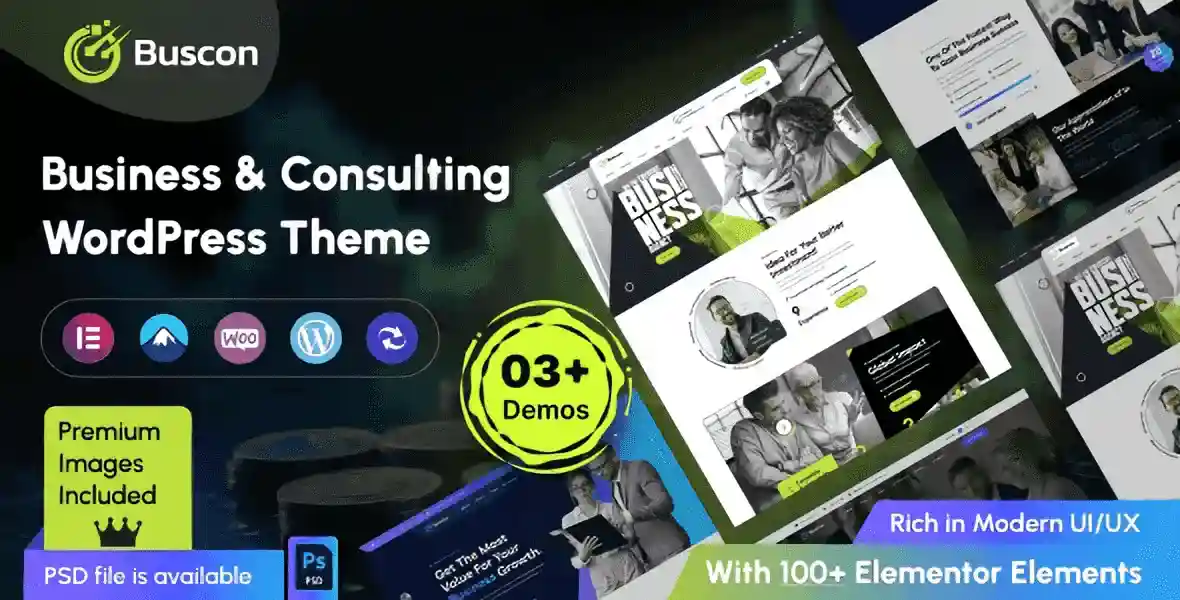 Buscon business consulting WordPress theme with Elementor page builder demo layout