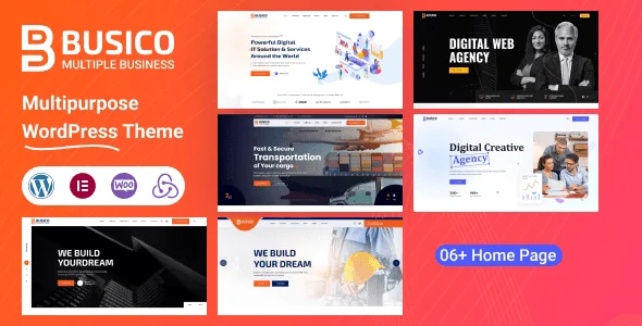 Busico construction WordPress theme homepage preview showing Elementor editor and responsive layout