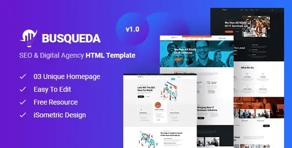 Busqueda SEO and digital agency HTML5 template showing a modern responsive website layout
