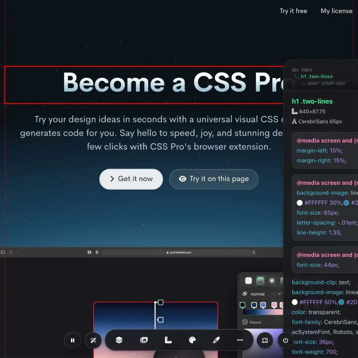 CSS Pro and CSS Scan visual CSS editor Chrome extension interface showing instant CSS inspection and one-click copying