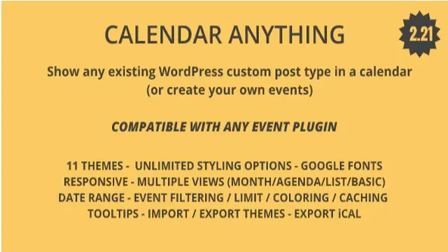 Calendar Anything WordPress plugin showing multiple custom post types in a responsive month view calendar with color-coded event categories