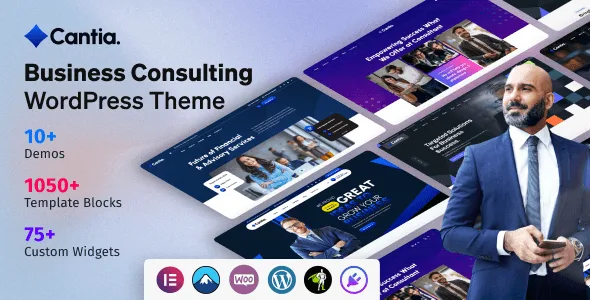 Cantia business consulting WordPress theme homepage preview showing Elementor editor and GSAP animations