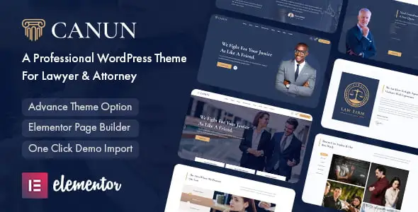 Canun law firm WordPress theme screenshot showing legal practice areas layout with Elementor editor