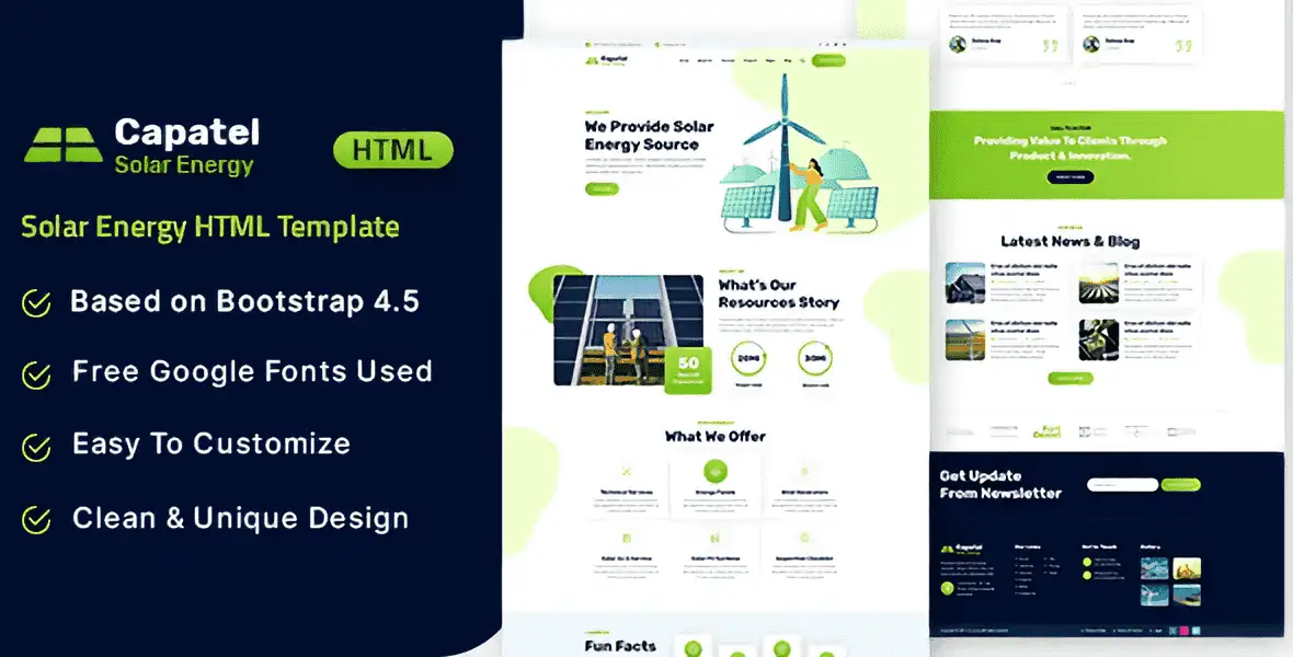 Capatel Solar Energy HTML Template preview showing renewable energy website layout with green technology design elements