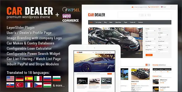 Car dealership automotive WordPress theme preview showing responsive vehicle listing layout
