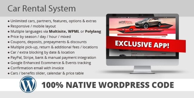 Car rental WordPress plugin dashboard showing online booking system and fleet management interface