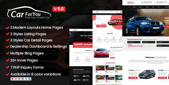 CarForYou responsive car dealership HTML5 template with multiple layouts and color options