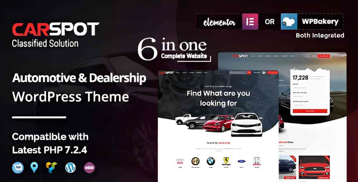 CarSpot car dealership WordPress classified theme homepage showing vehicle listings and search filters