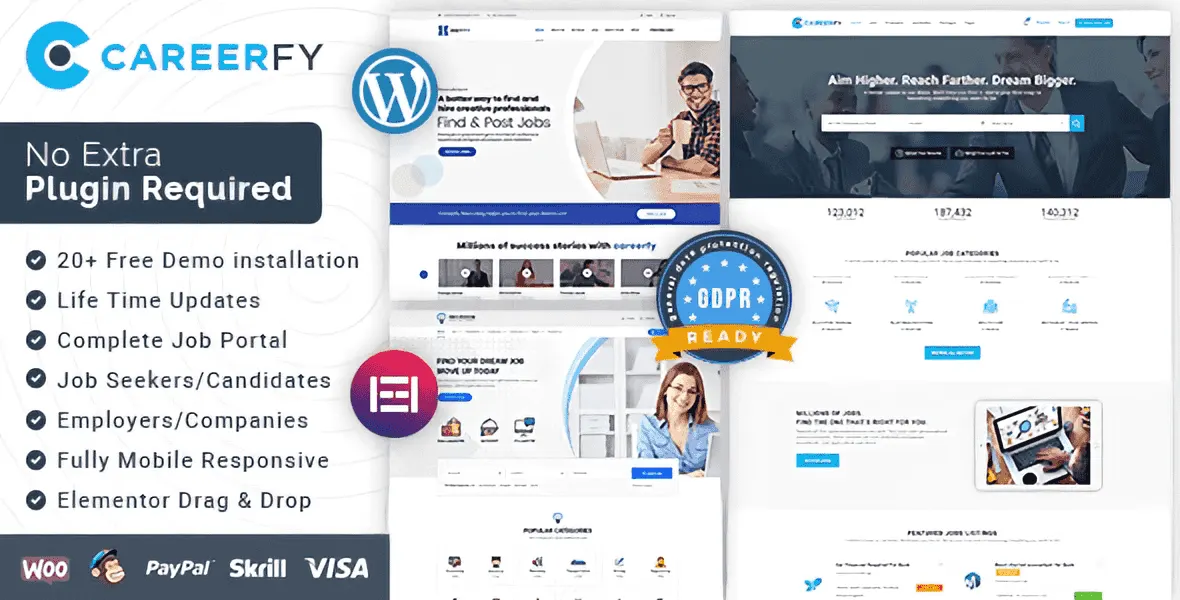 Careerfy job board WordPress theme demo showing listing layouts and dashboard interface