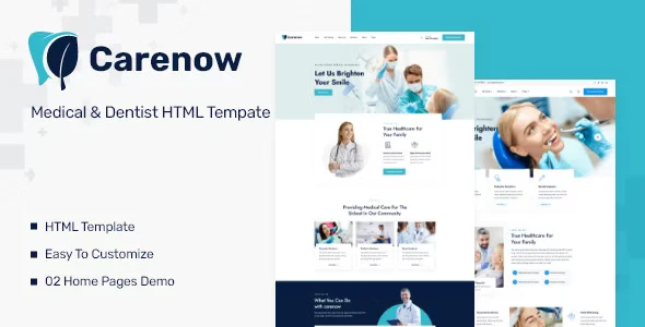 Carenow dental medical HTML template homepage preview showing responsive healthcare website design