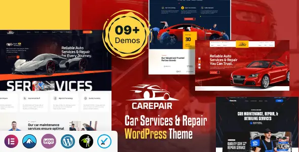 Carepair auto repair WordPress theme showcasing a professional mechanic website layout