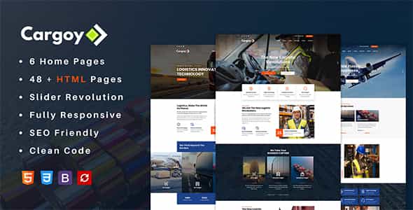 Cargoy logistics and transportation HTML template homepage preview showing modern responsive design for cargo and courier businesses