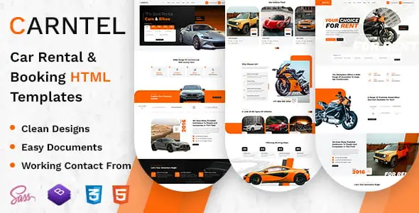 Carntel car rental and booking HTML template showcasing modern vehicle listing layouts