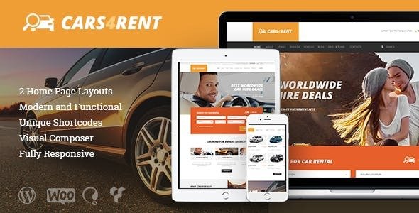 Cars4Rent car rental WordPress theme homepage demo showcasing vehicle rental and taxi service website design