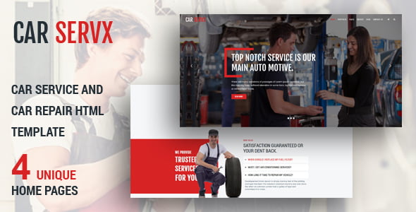 Carservx HTML template preview showing car service website homepage design for auto repair shops