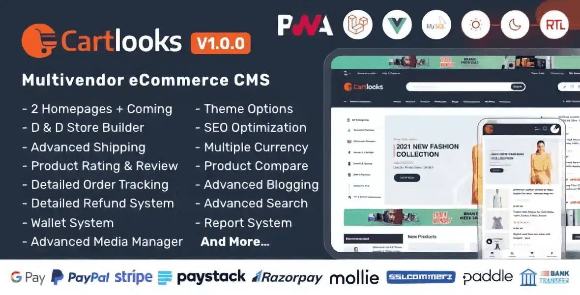 CartLooks multivendor ecommerce CMS with Laravel and VueJS PWA storefront