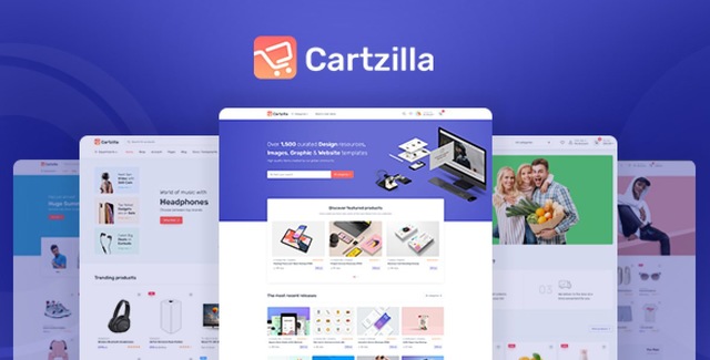 Cartzilla digital marketplace WordPress theme showcasing multiple store demos and Gutenberg block customization