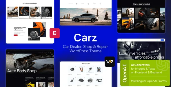Carz automotive WordPress theme homepage showing car dealership layout with vehicle listings and service sections