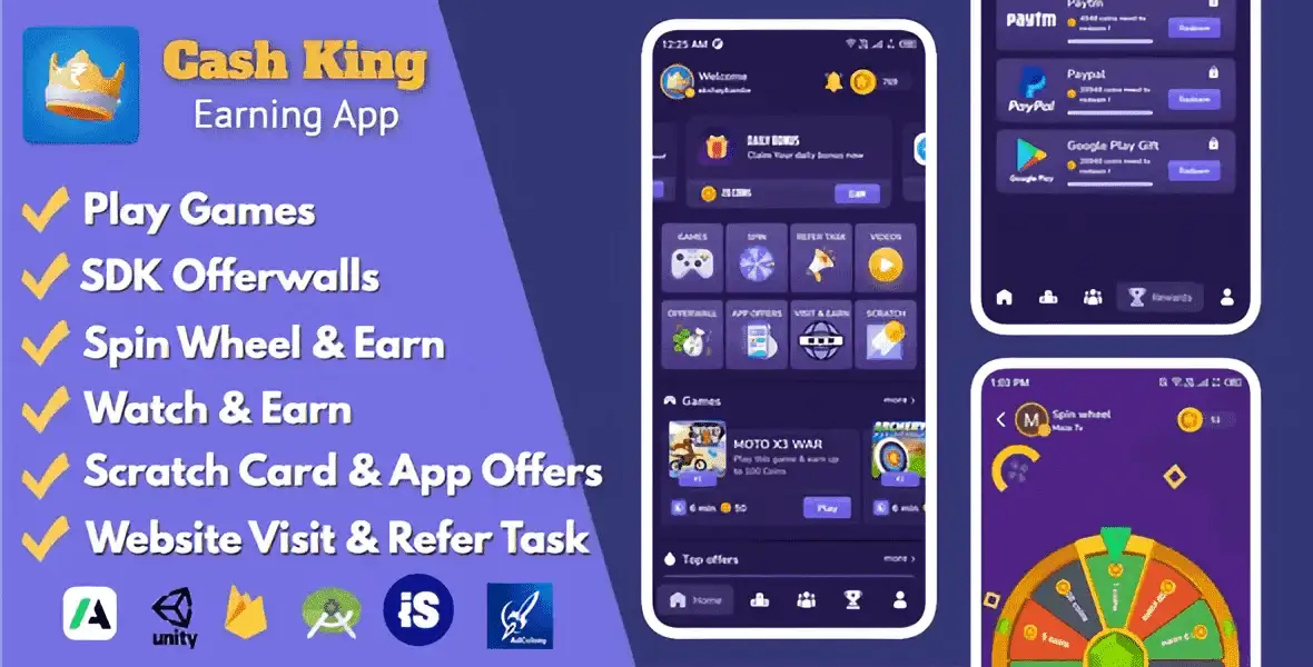 Cash King Android earning app script with PHP admin panel dashboard