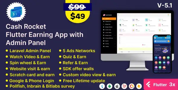 Cash Rocket Flutter earning app dashboard showing admin panel and mobile app interface