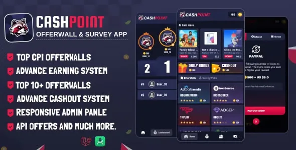 CashPoint offerwall app PHP script admin panel dashboard showing rewards platform management interface