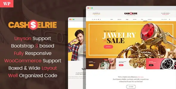 Cashelrie pawn shop WordPress theme homepage preview with modern buy and sell layout