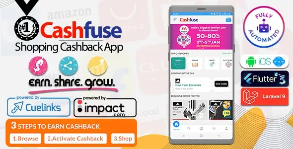 Cashfuse cashback app script showing affiliate marketing dashboard, mobile app preview, and PHP admin panel interface